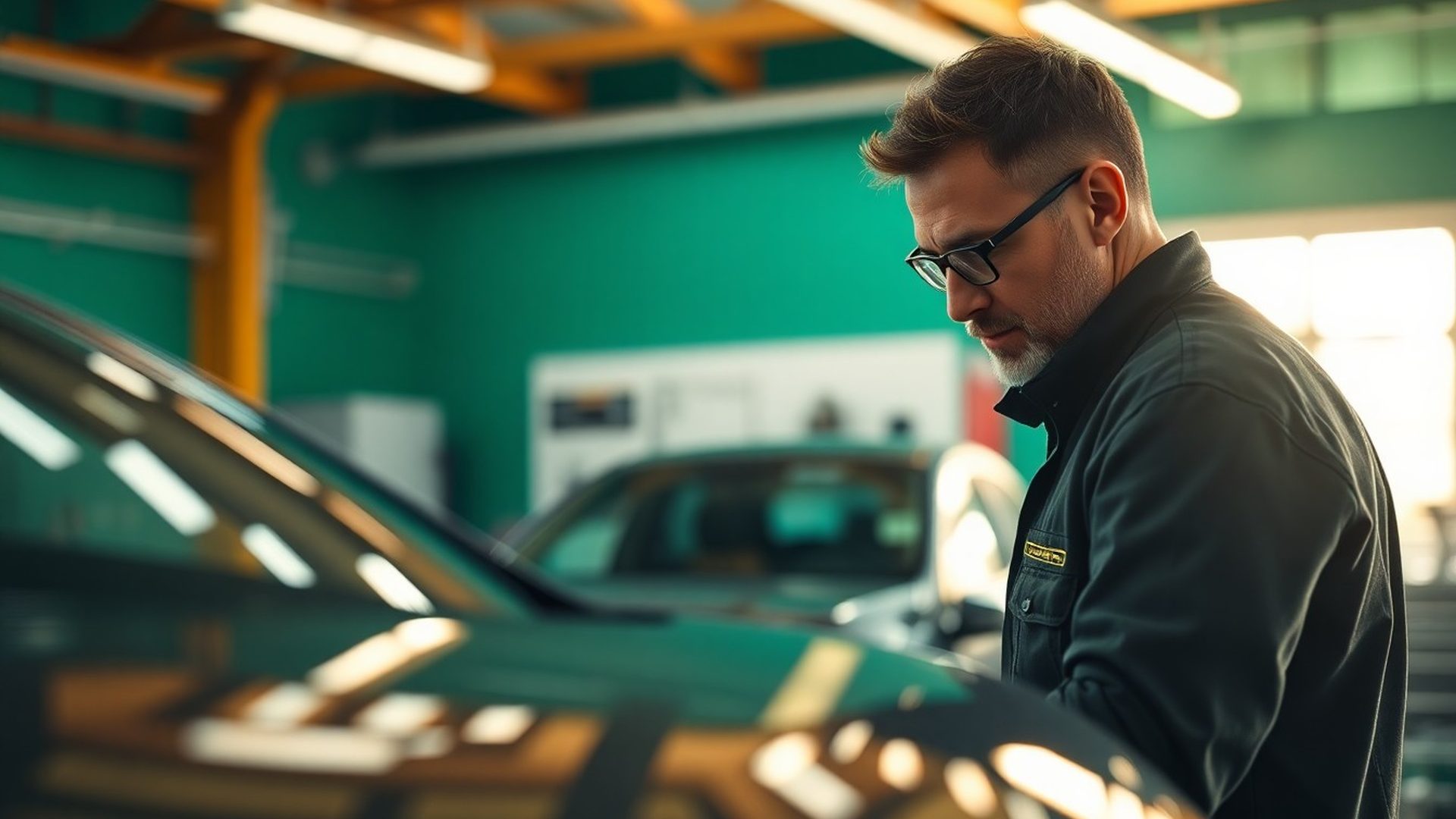 Tehnician Pixeljstone inspectând un sedan european premium în atelier