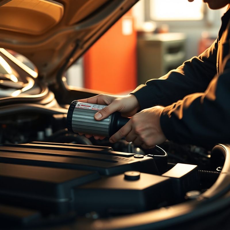 Tehnician certificat efectuând schimb de filtru de ulei pe motorul unei mașini premium